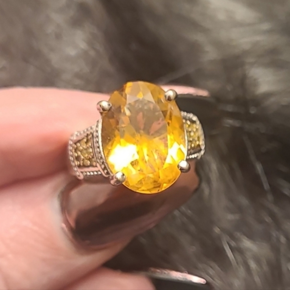7.24ct Oval Brazilian Citrine W/ .13ctw Yellow Diamond Sterling Silver R